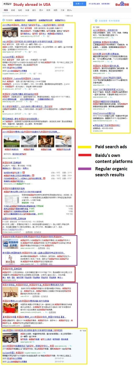 Comparison of organic and paid advertisements on Baidu search results page