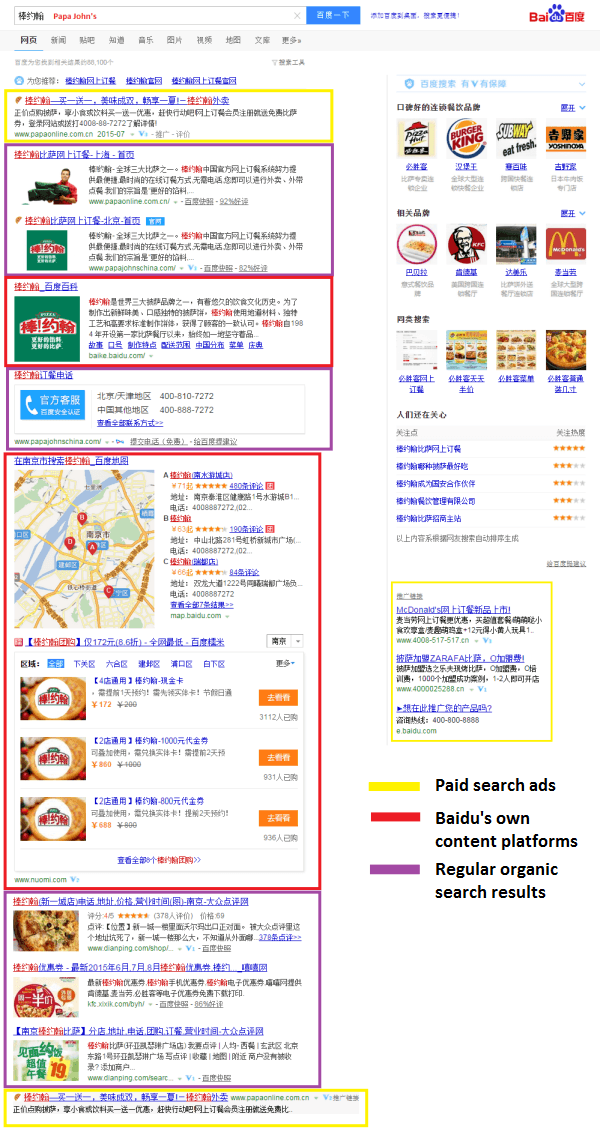 Baidu search engine results page for Papa Johns