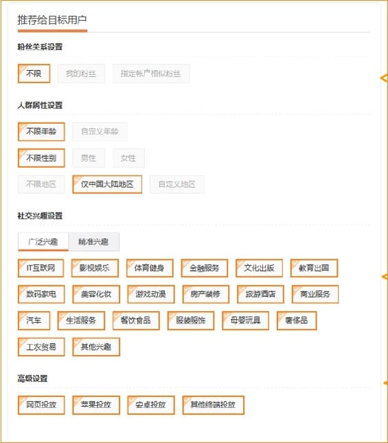 Weibo ad targeting options