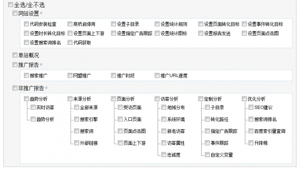 Screenshot of the Baidu Analytics user permission selection screen