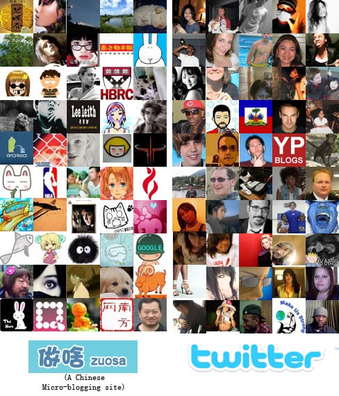 100 user profile pics from Twitter and Chinese Micro-blog Zuosa (a Twitter clone)