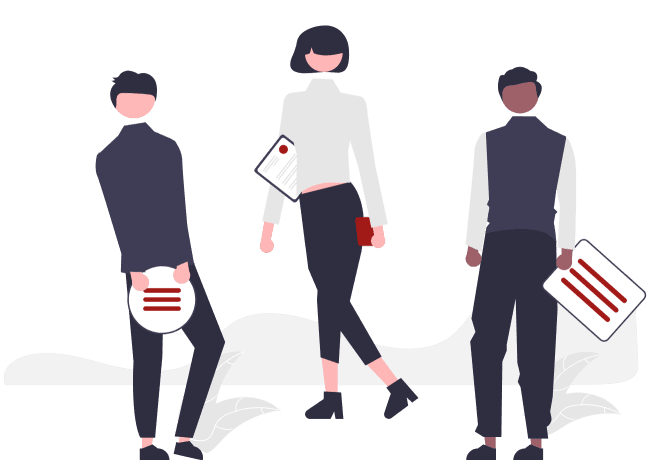 Two men and one woman holding documents.